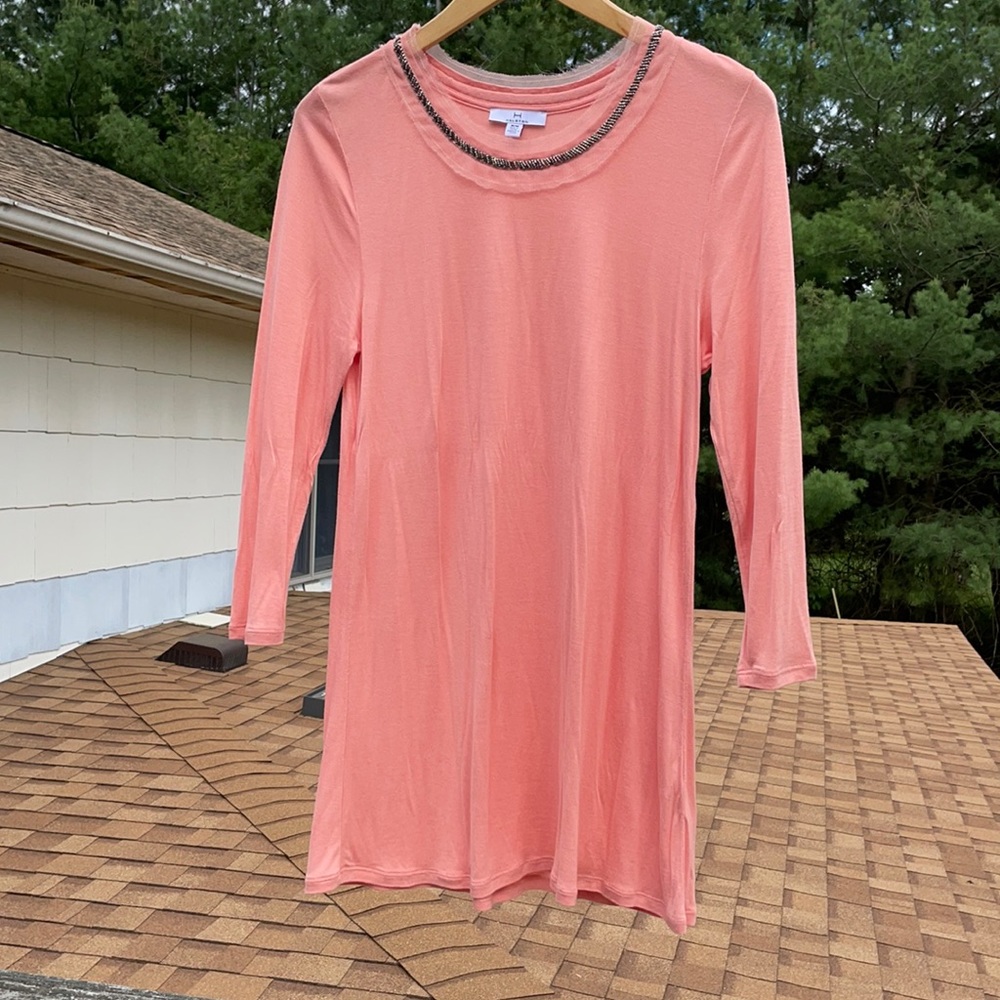 H Halston Peach 3/4 sleeve beaded neck top Sz M